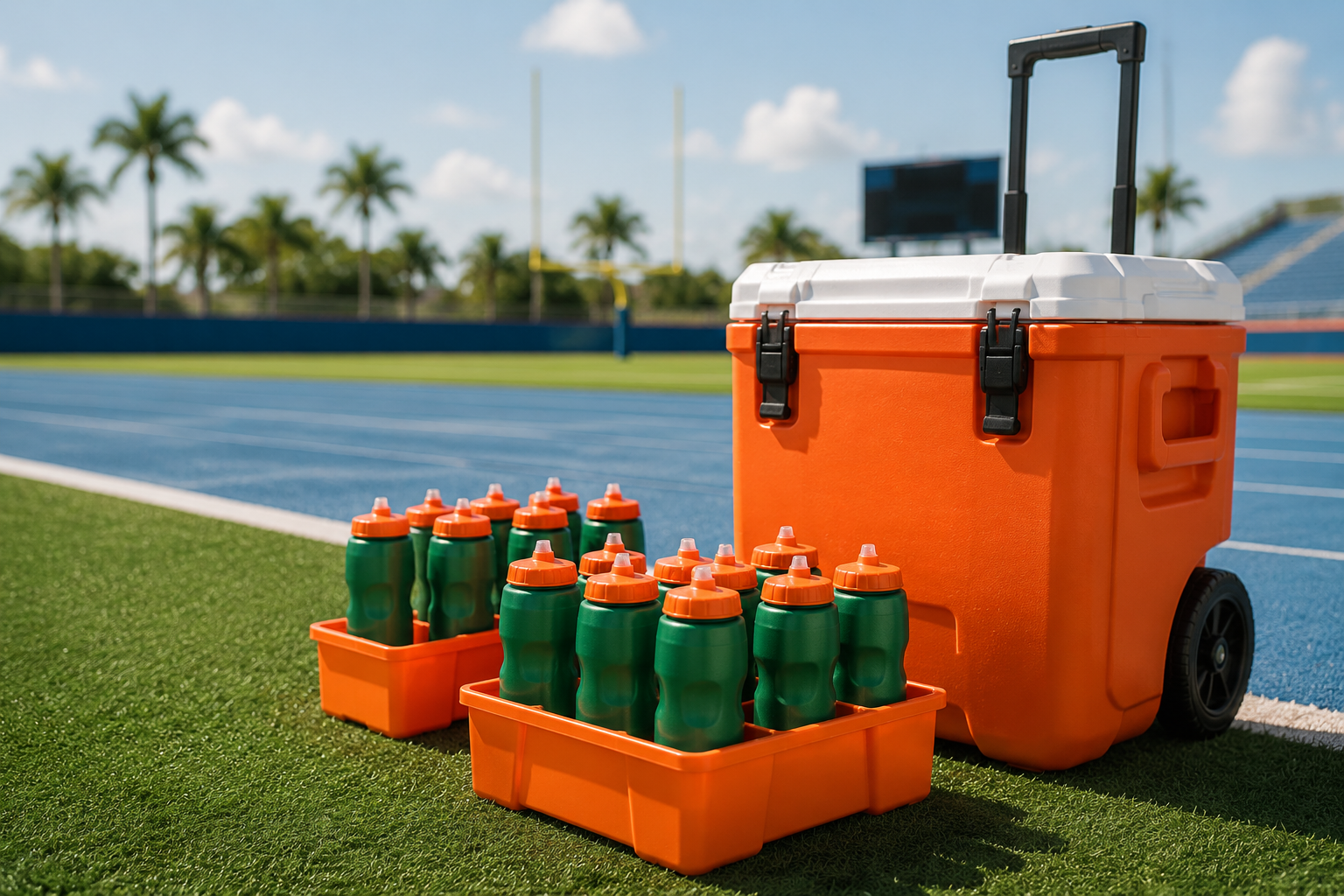 Team hydration bottles and cooler gear arranged on a sunny sideline